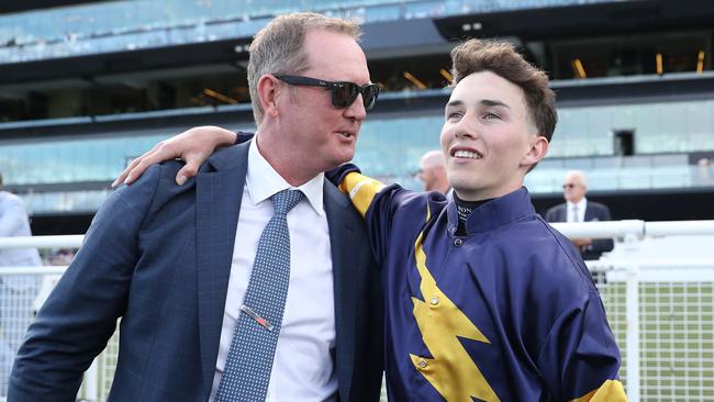 Trainer Michael Hawkes and jockey Zac Lloyd embrace after Airman’s Premiere Stakes victory at Randwick. Picture: Jeremy Ng / Getty Images