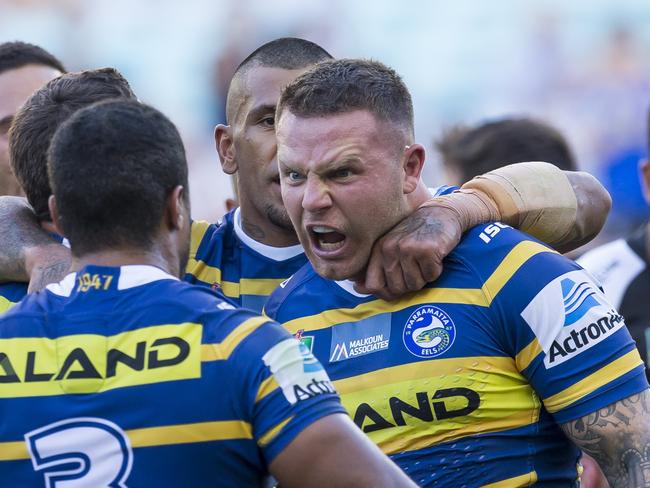 Nathan Brown of the Eels reacts after making a strong tackle during the Round 5 NRL match between the Parramatta Eels and the Penrith Panthers at ANZ Stadium in Sydney, Sunday, April 8, 2018. (AAP Image/Craig Golding) NO ARCHIVING, EDITORIAL USE ONLY