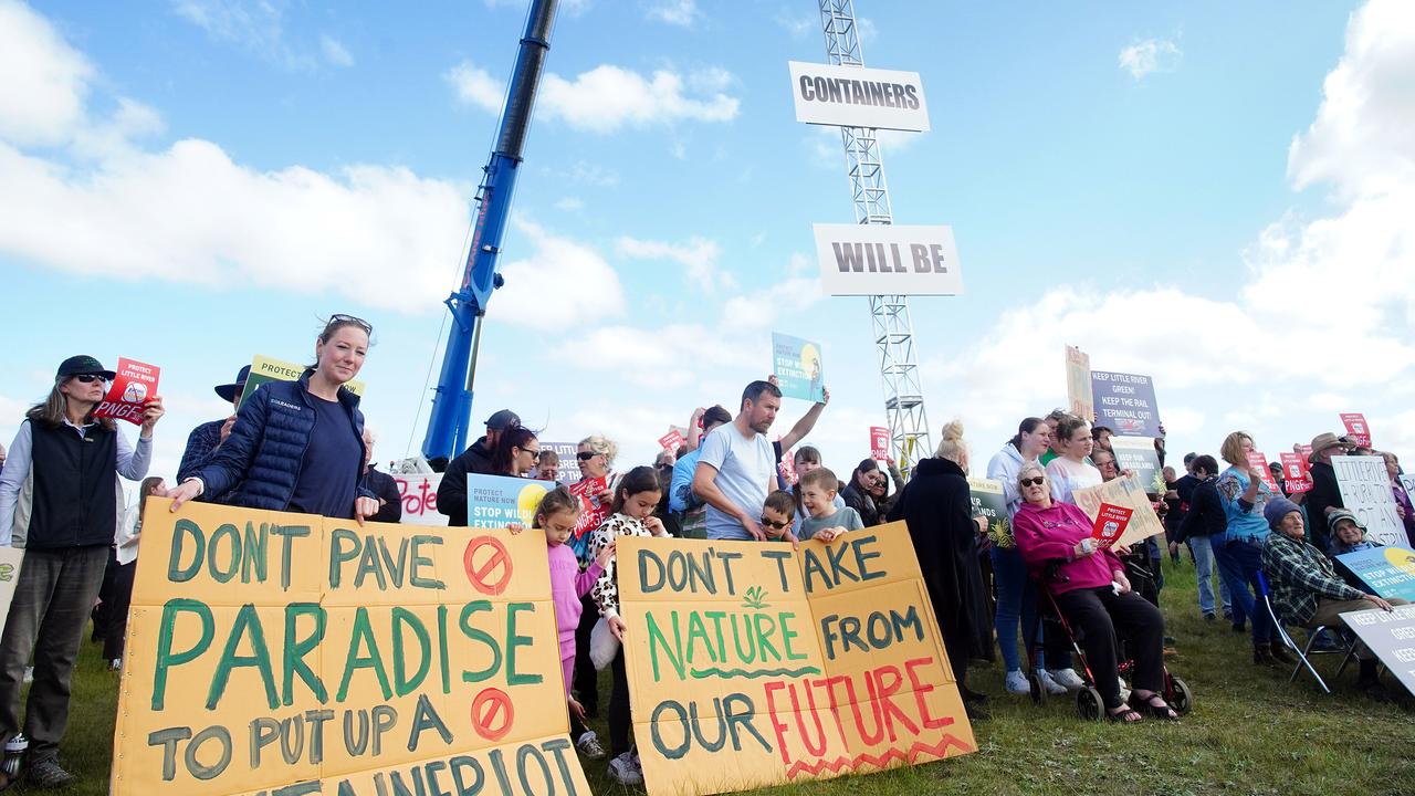 : Protesters rally against a $3 billion freight hub at Little River in August. Picture: NewsWire / Luis Enrique Ascui