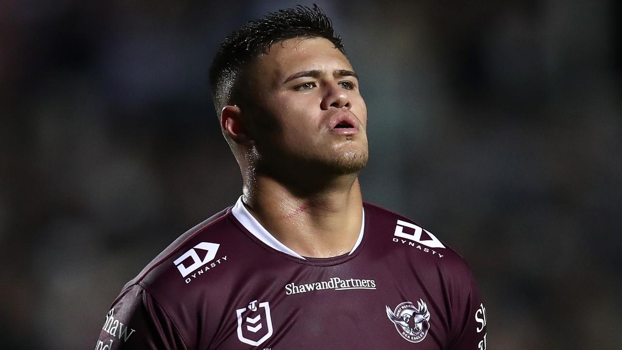 SYDNEY, AUSTRALIA - JUNE 09: Josh Schuster of the Sea Eagles reacts during the round 15 NRL match between Manly Sea Eagles and Dolphins at 4 Pines Park on June 09, 2023 in Sydney, Australia. (Photo by Jason McCawley/Getty Images)