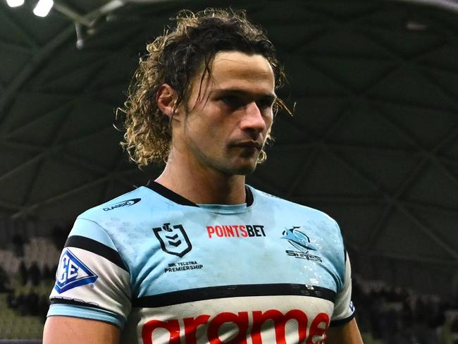 MELBOURNE, AUSTRALIA - SEPTEMBER 14:  Cameron McInnes and Nicho Hynes of the Sharks walk off the field after losing the NRL Qualifying Final match between Melbourne Storm and Cronulla Sharks at AAMI Park on September 14, 2024 in Melbourne, Australia. (Photo by Quinn Rooney/Getty Images)