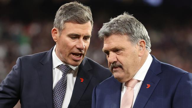 MELBOURNE, AUSTRALIA - SEPTEMBER 15: Commentators Matthew Richardson and Brian Taylor are seen during the AFL First Semi Final match between Melbourne Demons and Carlton Blues at Melbourne Cricket Ground, on September 15, 2023, in Melbourne, Australia. (Photo by Robert Cianflone/Getty Images)