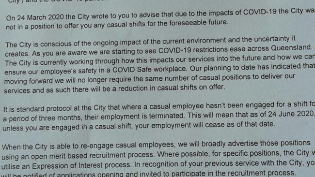 A letter sent to casual workers of Gold Coast City Council who work at event centres across the city - saying they have been terminated, can reapply to be a casual like everyone