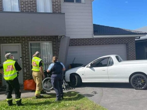 A Holden ute smashed into a house on Holden Drive at Oran Park on Sunday.