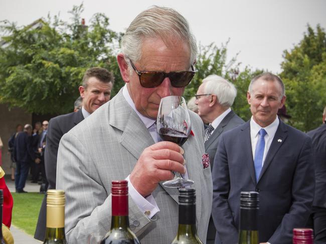 Britain's Prince Charles samples a wine at Tanunda, November 2015. Picture: AAP Image / Ben MacMahon