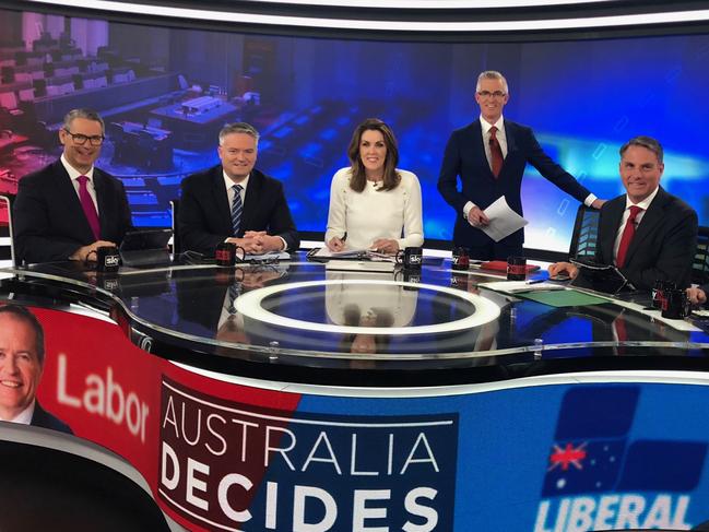 The Federal Election panel on SkyNews in 2016 (L-R) Stephen Conroy, Mathias Cormann, Peta Credlin, David Speers, Richard Marles and Graham Richardson. Picture: Supplied by SkyNews