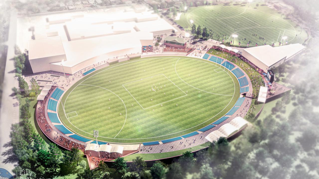 Adelaide Crows artist impressions of their new base at Thebarton Oval – Aerial CREDIT: City Collective