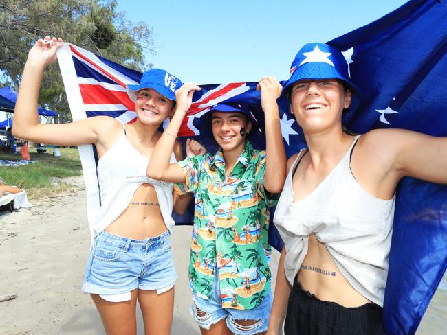 Celebrating Australia Day at Tallebudgera Creek were Lily Oberhardt, Ruby Bates and Lola Boylan Photo: Scott Powick