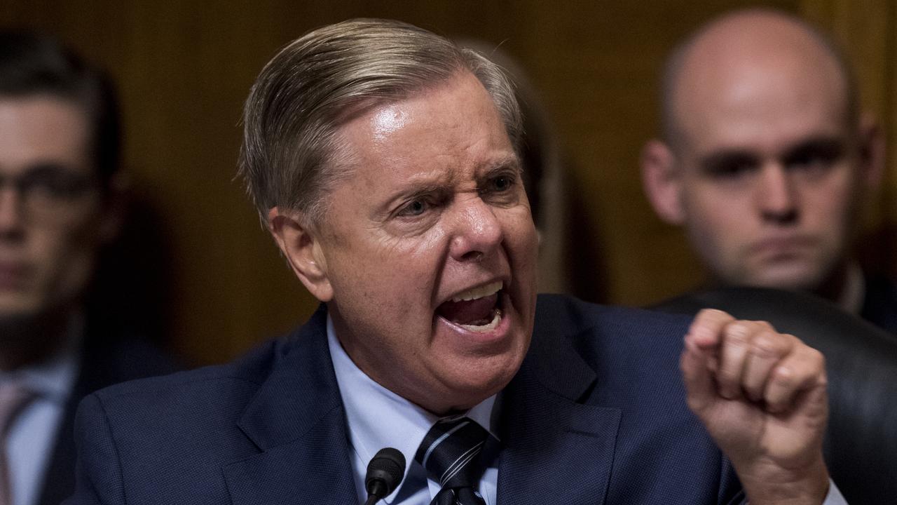 Senator Lindsey Graham points at Democrats as he defends Supreme Court nominee Brett Kavanaugh. Picture: AP