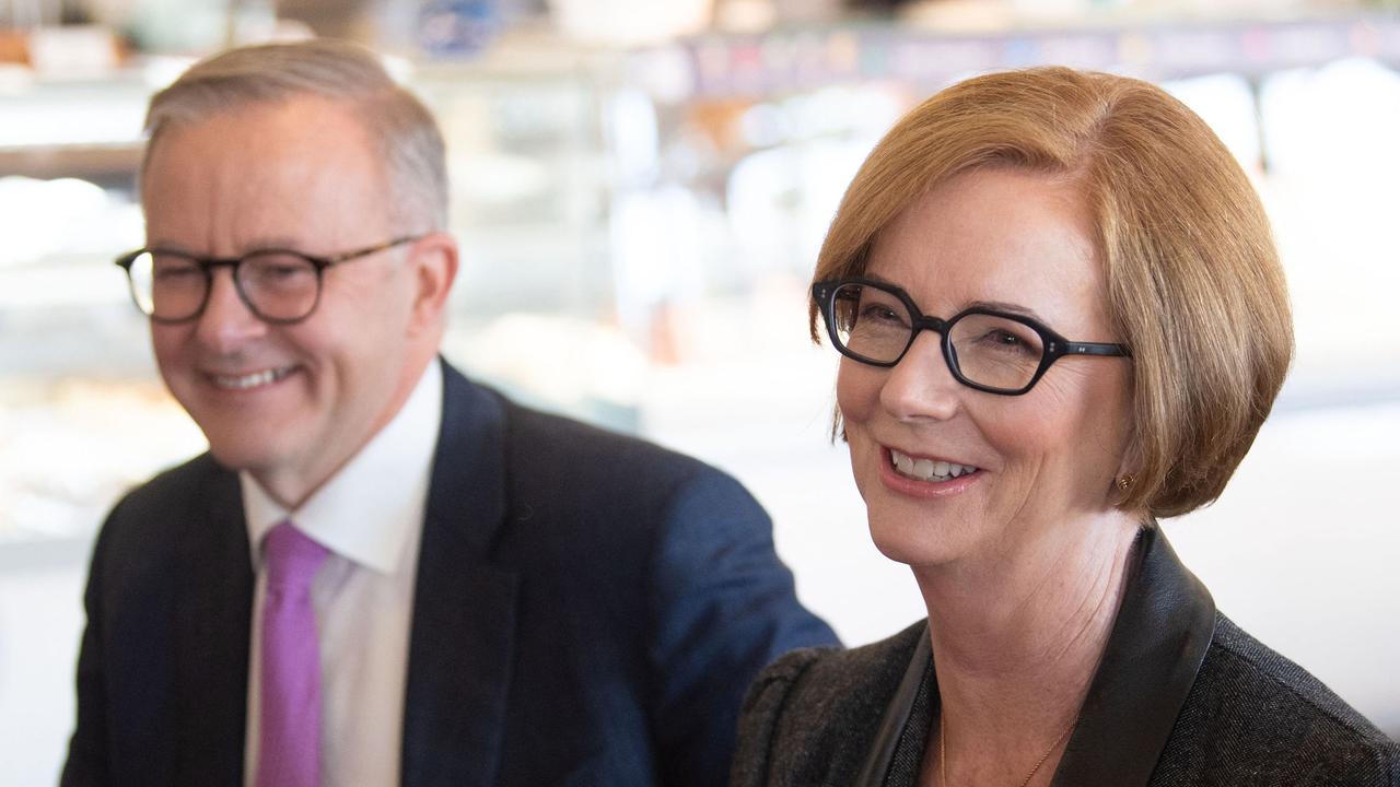 Former prime minister Julia Gillard with Prime Minister Anthony Albanese at a cafe in the suburb of Sturt in Adelaide. Picture: Wendell Teodoro / AFP)