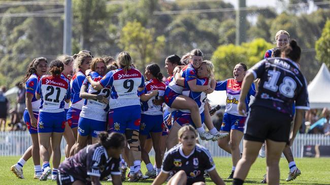 Newcastle celebrates winning the match. Women's Koori Knockout grand final, Redfern All Blacks vs Newcastle Yowies. Picture: Andrea Francolini