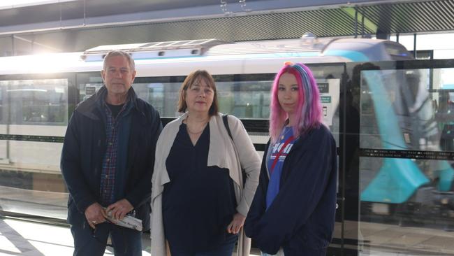 Peter and Jane Kremer with their daughter at Rouse Hill Metro Station. Peter said he could see the increase in the shaking of carriages along the line. Picture: Jake McCallum