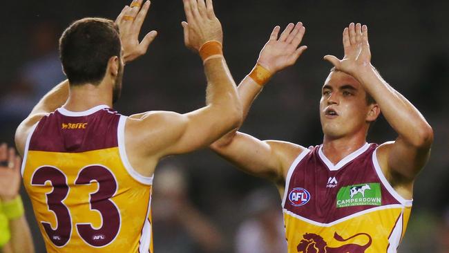 Tom Rockliff and Michael close celebrate a goal. Picture: Getty