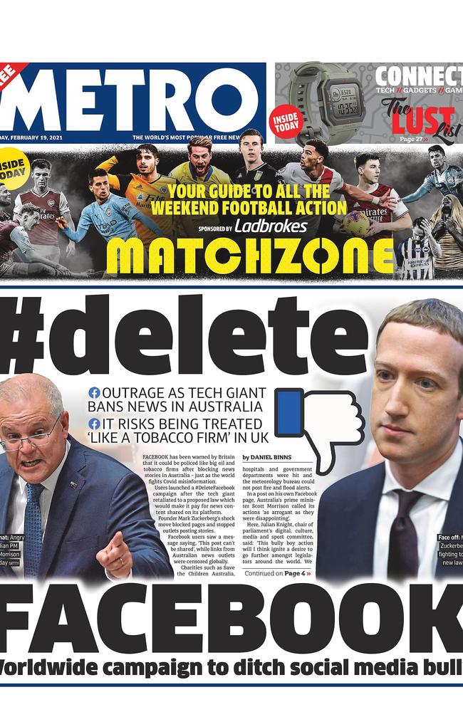 How UK media outlet Metro covered Facebook’s Australian news ban. Picture: Supplied