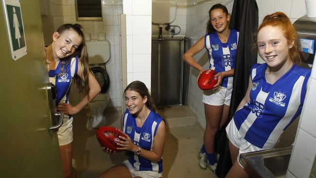 Brighton Beach Junior Football Club players Sophie Stewart, 15, Emmie Frederico, 15, Georgia-Mae Mahan, 14, and Izzy Townsend, 14. Picture: Yuri Kouzmin.