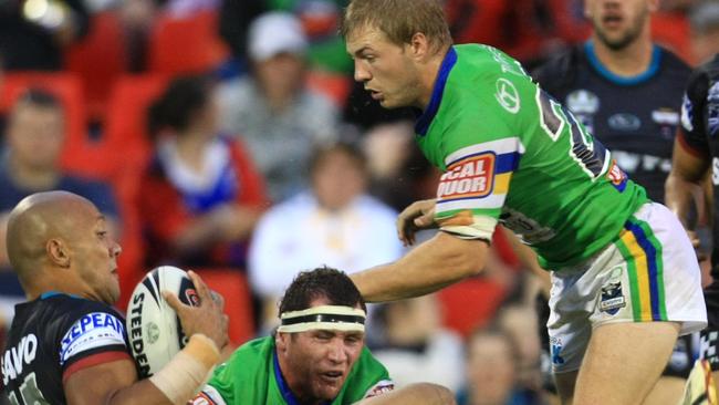 Penrith’s Frank Puletua is tackled during a match against the Canberra Raiders in 2008.