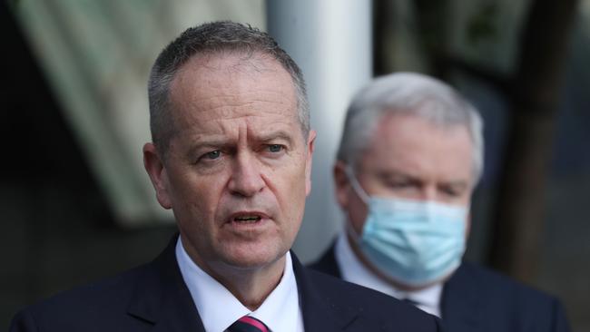 Bill Shorten speaks to reporters. Picture: NCA NewsWire / David Crosling