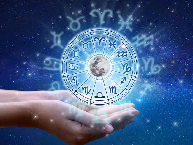 Zodiac signs inside of horoscope circle. Astrology in the sky with many stars and moons astrology and horoscopes concept