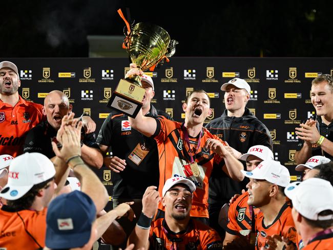 Brisbane Tigers hoisting the Hostplus Cup in 2023. Picture: QRL