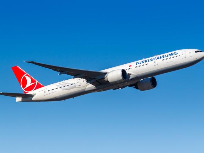 Frankfurt, Germany - February 13, 2021: Turkish Airlines Boeing 777-300ER airplane at Frankfurt Airport (FRA) in Germany.