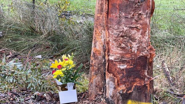 Flowers are seen left at the scene where Mr Walkley died after crashing his car into a tree on Kersbrook Road near Bagshaw Road, Kersbrook. Picture: Russell Millard