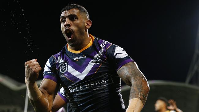 MELBOURNE, AUSTRALIA – SEPTEMBER 21: Josh Addo-Carr of the Storm celebrates scoring a try during the NRL Semi Final match between the Melbourne Storm and the Parramatta Eels at AAMI Park on September 21, 2019 in Melbourne, Australia. (Photo by Daniel Pockett/Getty Images)