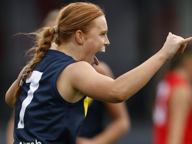 MELBOURNE, AUSTRALIA - APRIL 06: Sophie McKay of the AFL National Academy Girls celebrates a goal during the Marsh AFL National Academy Girls vs U23 All-Stars at Ikon Park on April 06, 2024 in Melbourne, Australia. (Photo by Darrian Traynor/AFL Photos/via Getty Images)