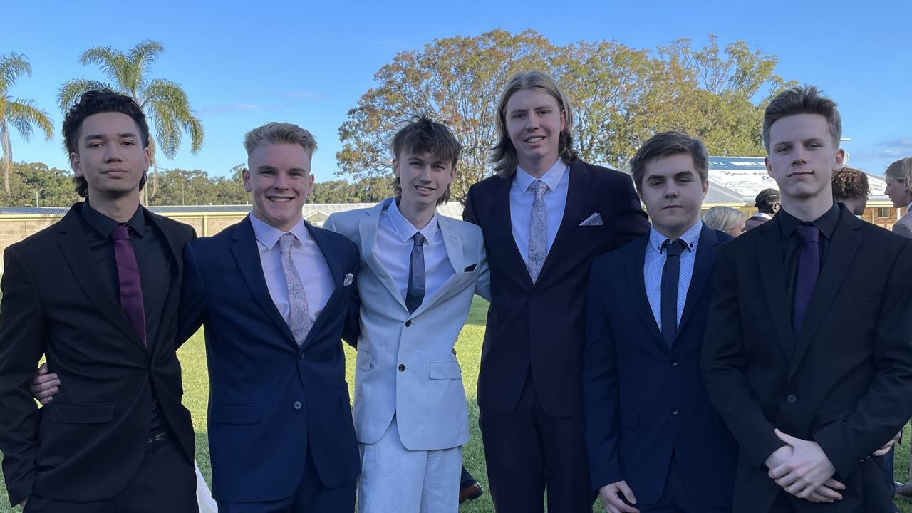 Sebastian Nash, Beau Lynch, Lachlan Lowrey, Nathan Wood, Jake Wise and Jackson Lantry at the St John Paul College Year 12 Formal. Picture: Matt Gazy