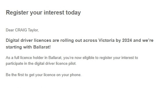 The email Ballarat customers received on Wednesday.