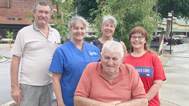 NURSES PROTEST: On Wednesday February 24, 2021 in Murwillumbah aged care supporters highlighted safe staffing needs. L-R Aged care supporter Peter Guinea, aged nurse Clare Carrick (blue), aged care advocate Alma McCallister (back), former aged care nurse Clare Bathgate (in red) with aged care recipient Colin Alexander.