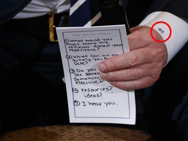 President Donald Trump holds notes during a listening session with high school students and teachers. Picture: AP Photo/Carolyn Kaster