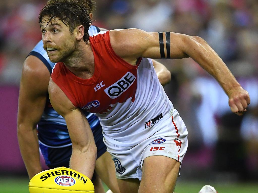 MELBOURNE, AUSTRALIA - MARCH 23: Dane Rampe of the Swans handballs during the round one AFL match between the Western Bulldogs and the Sydney Swans at Marvel Stadium on March 23, 2019 in Melbourne, Australia. (Photo by Quinn Rooney/Getty Images)