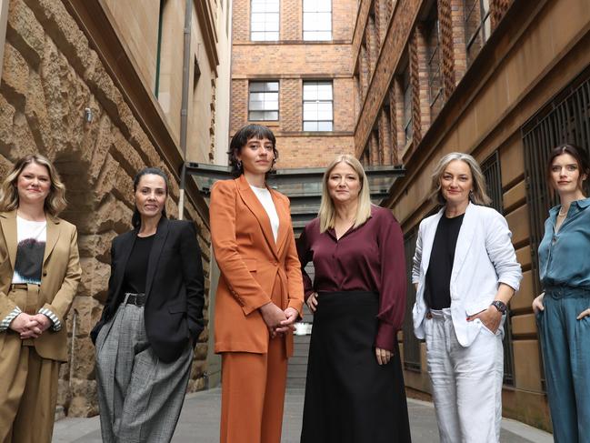 18/10/23: Comedian, Kate McLennan, film producer Jodi Matterson, Amazon studios senior development executive Sarah Christie, film producer Bruna Papandrea, film director and television writer, Sally Aitken and comedian Kate McCartney. John Feder/The Australian.