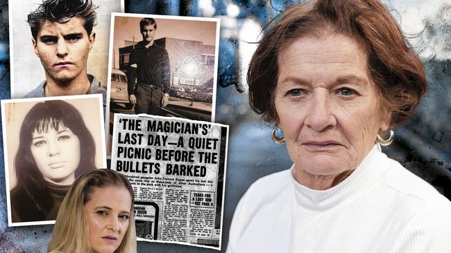 Main picture, Margaret Yates, inset, clockwise from top left, a colourised mug shot of Regan; Regan in Sydney; newspaper clipping reporting Regan’s last day; daughter Helen Regan; and Yates sometime in 1963-64.