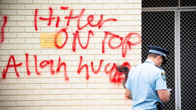 Police at the Southern Sydney Synagogue, which was vandalised with anti-Semitic graffiti last week. Picture: Tom Parrish