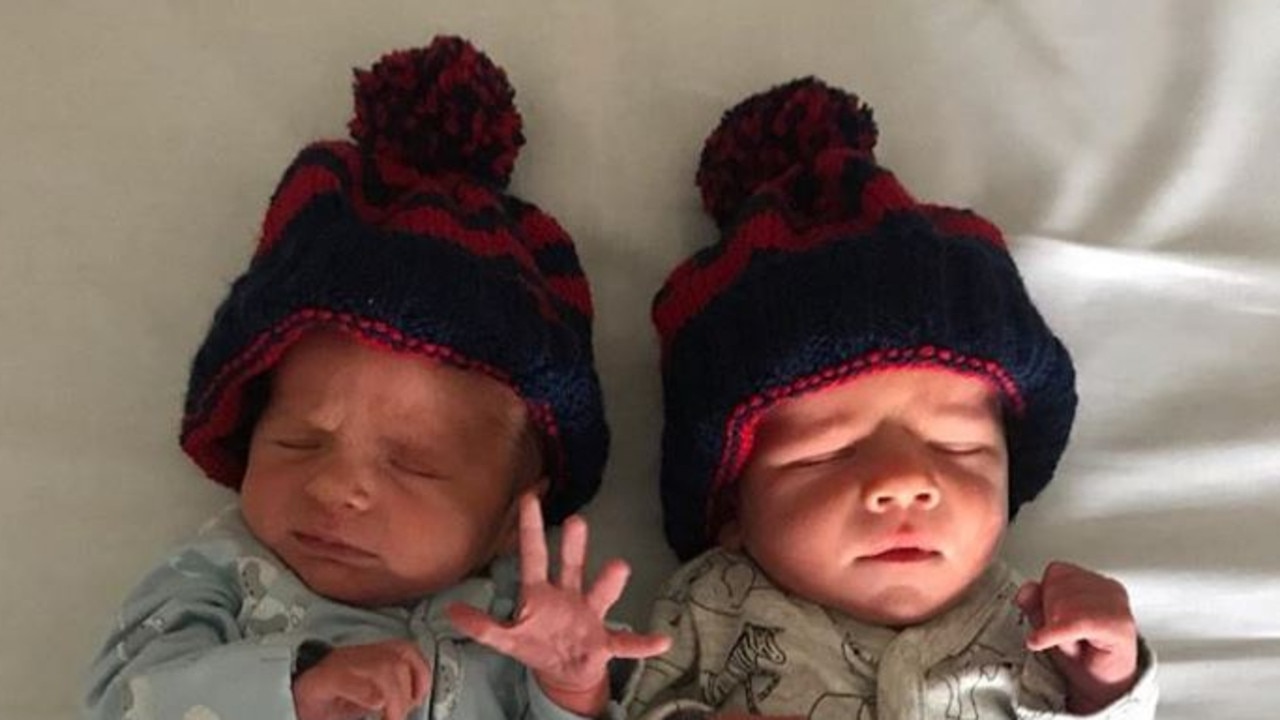 Daisy Pearce has given birth to twins: Sylvie in blue, Roy in grey.