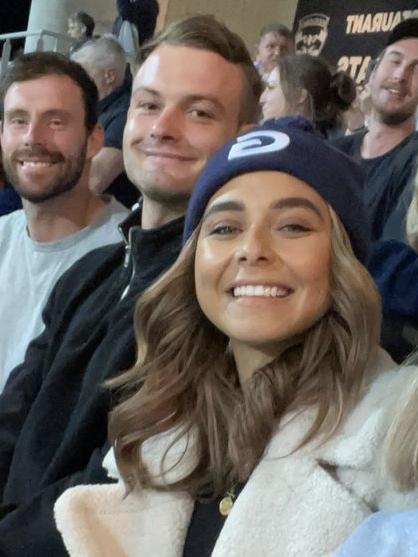 Brooke Blurton watches Geelong play Brisbane. Picture: Instagram