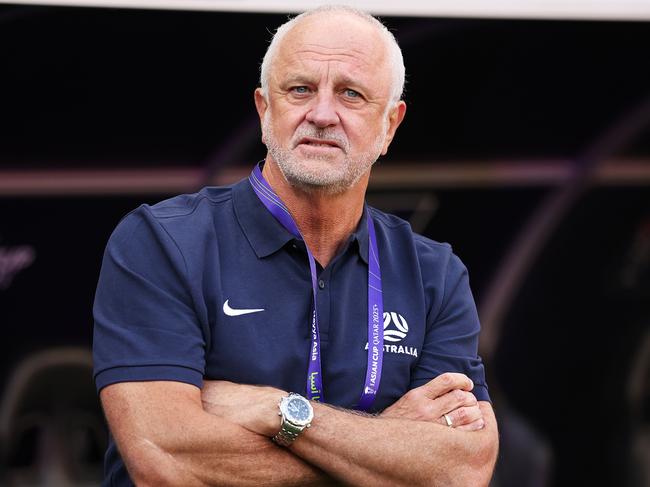 DOHA, QATAR - JANUARY 13: Graham Arnold, Head Coach of Australia looks on prior to the AFC Asian Cup Group B match between Australia and India at Ahmad Bin Ali Stadium on January 13, 2024 in Doha, Qatar. (Photo by Robert Cianflone/Getty Images)