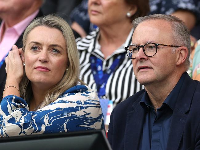 MELBOURNE, AUSTRALIA - JANUARY 29: Australian Prime Minister Anthony Albanese and partner Jodie Haydon looks on ahead of the MenÃ¢â¬â¢s Singles Final between Stefanos Tsitsipas of Greece and Novak Djokovic of Serbia during day 14 of the 2023 Australian Open at Melbourne Park on January 29, 2023 in Melbourne, Australia. (Photo by Clive Brunskill/Getty Images)