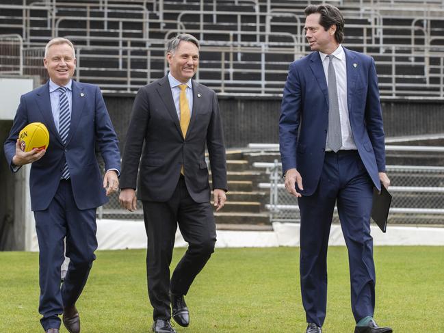 Tasmanian Premier Jeremy Rockliff, left, during the official announcement for the 19th AFL licence for a Tasmanian team in May this year, with Richard Marles, who was Acting Prime Minister at the time, and AFL chief executive Gillon McLachlan at North Hobart Oval. Picture: Chris Kidd