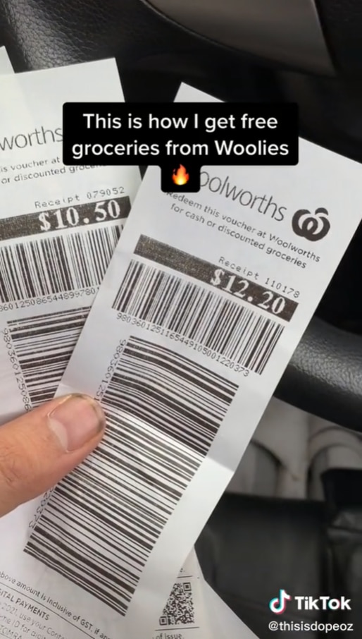 It gives you 10 cents for each eligible item and then spits out a voucher which can be redeemed at selected Woolies stores. Picture: TikTok/thisisdopeoz