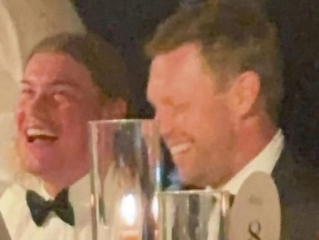 Harley Reid and Sam Mitchell joke at Tom Barrass' wedding