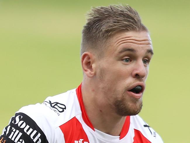 WOLLONGONG, AUSTRALIA - FEBRUARY 23: Matt Dufty of the Dragons runs the ball during the NRL trail match between the St George Illawarra Dragons and the Newcastle Knights at WIN Stadium on February 23, 2019 in Wollongong, Australia. (Photo by Mark Kolbe/Getty Images)