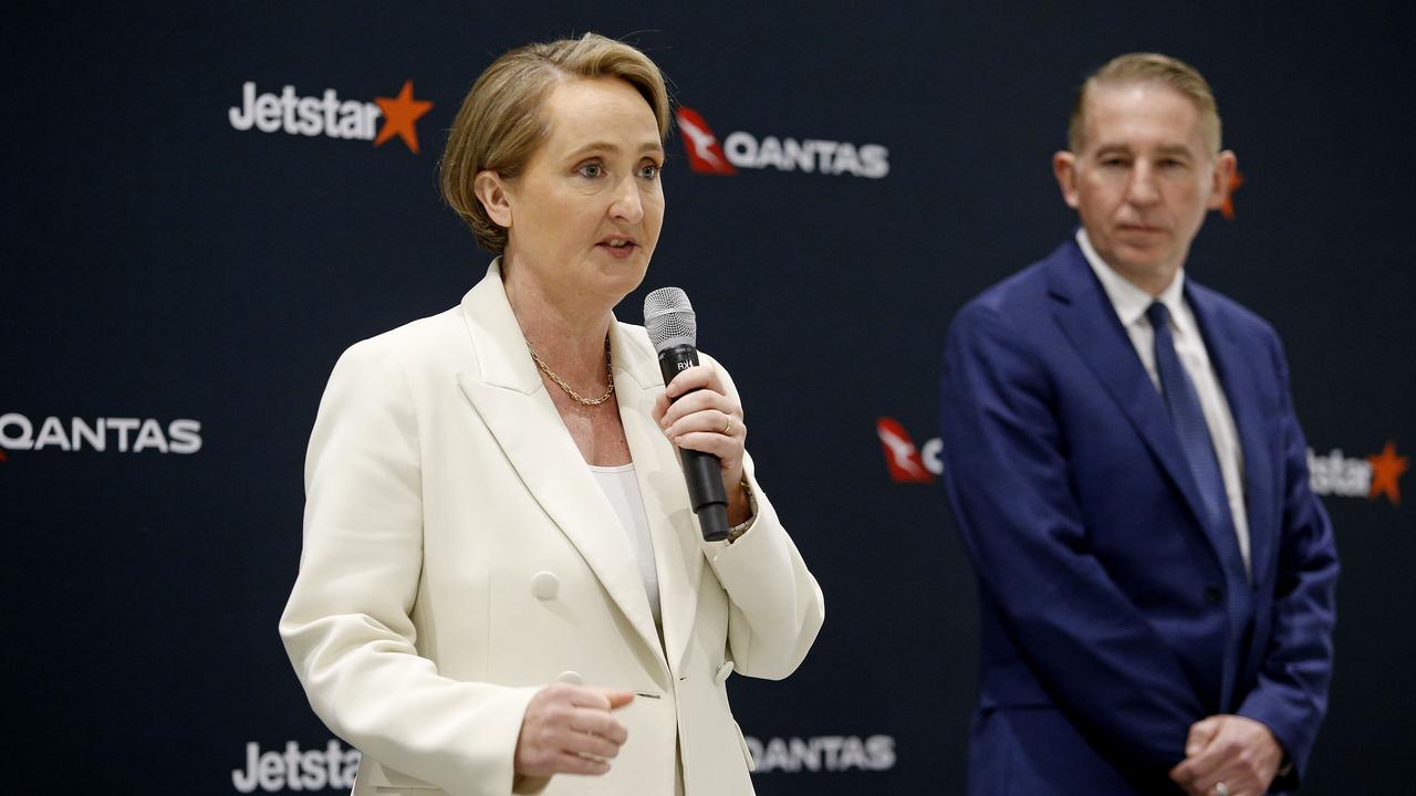 Qantas chief executive Vanessa Hudson and chief financial officer Rob Marcolina speaking about the results. Picture: NewsWire / John Appleyard