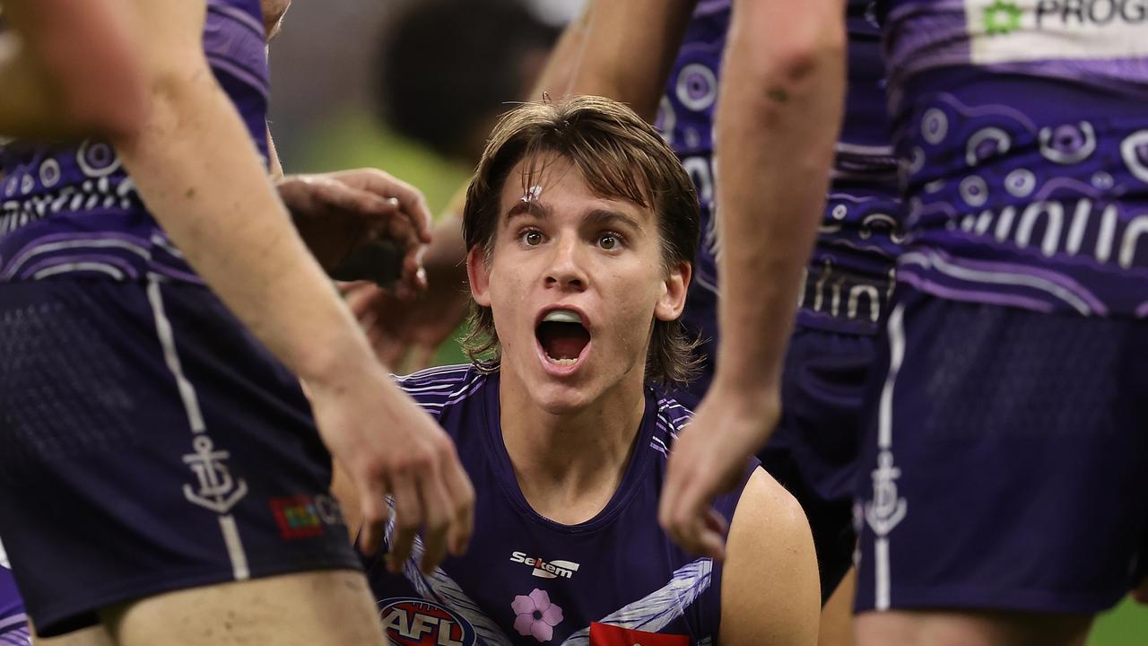 Caleb Serong looks to the umpire following a decision. Picture: Paul Kane/Getty Images