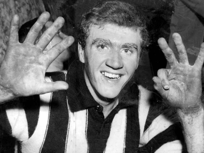 1963. Collingwood's Terry Waters celebrates 8 goals against South Melbourne.