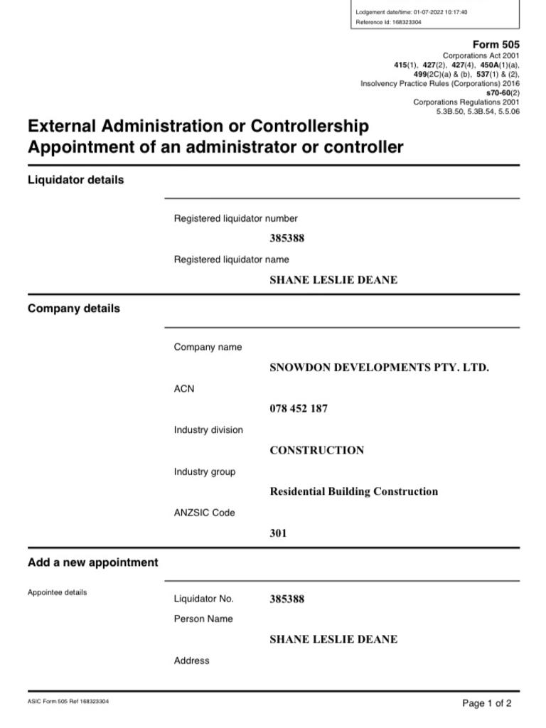 ASIC documents confirming Snowdon Developments has gone into administration.