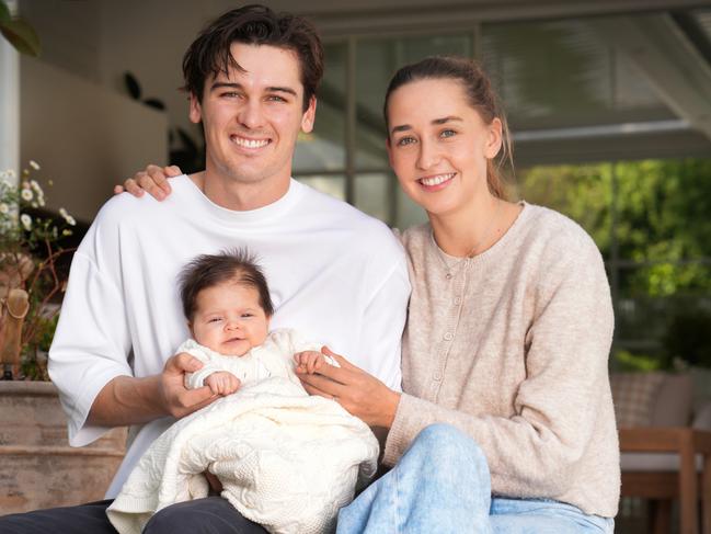 Fathers Day Picture - Connor Rozee, his fiance Maisie and daughter Audrey. Picture: Dean Martin, , For Sundays  September 1 2024