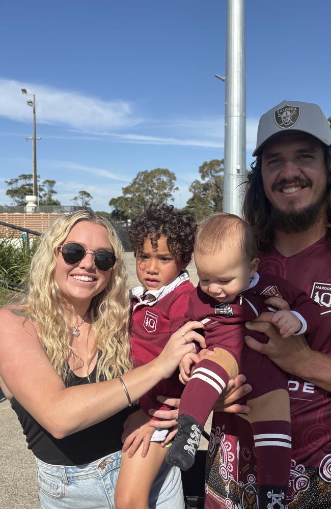 Ruby and Riley with son Huxlea and baby Oaklea at the Queensland Maroons Training Day Sunshine Coast Stadium