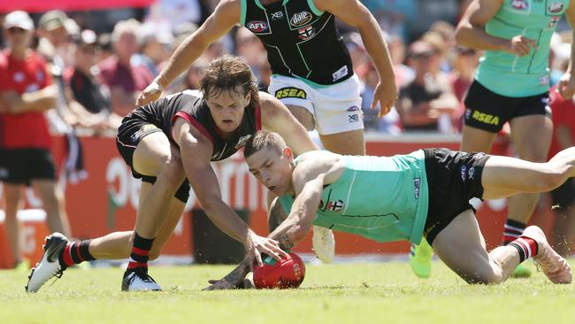 Matthew Parker, right, fights for the ball during St Kilda’s intra-club match.